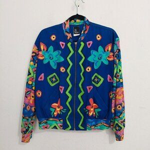 Ali Miles Vintage Teal Floral Painted Zip Jacket Artsy Retro USA Colorful Size 8